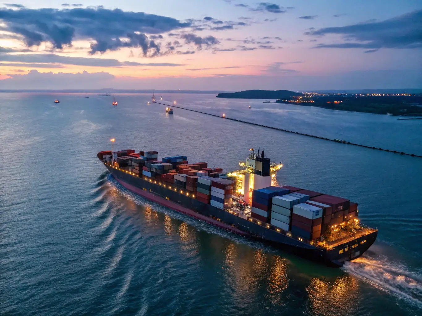 A modern cargo ship is sailing on a calm sea at sunset, filled with various vehicles securely fastened on its deck, symbolizing global trade and transportation.