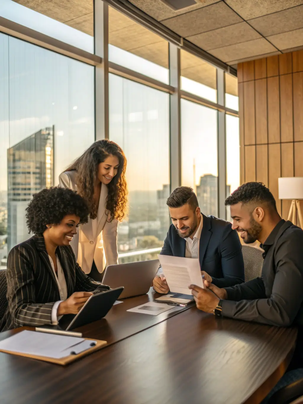 A professional team discussing automotive import/export strategies in a modern office setting, emphasizing their expertise.